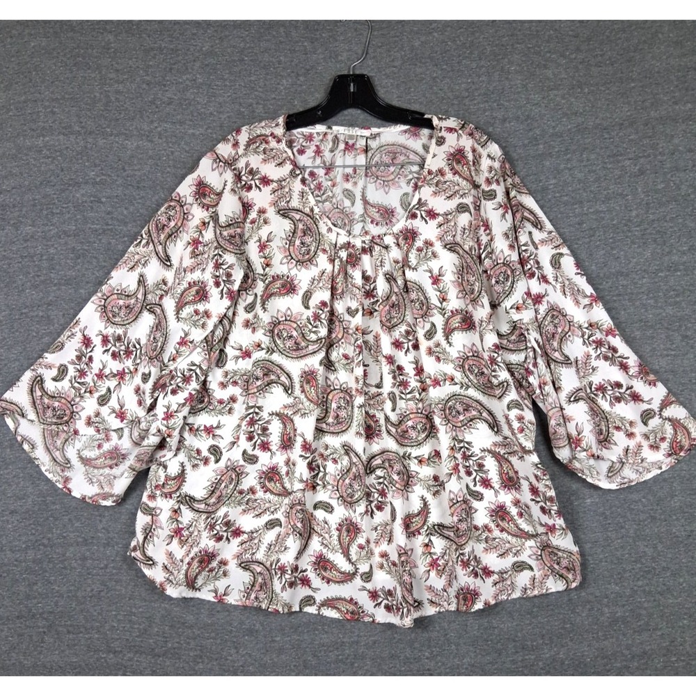 Spense Womens Shirt 1X White Floral Paisley Cottage Core Cape Sleeve Garden Core